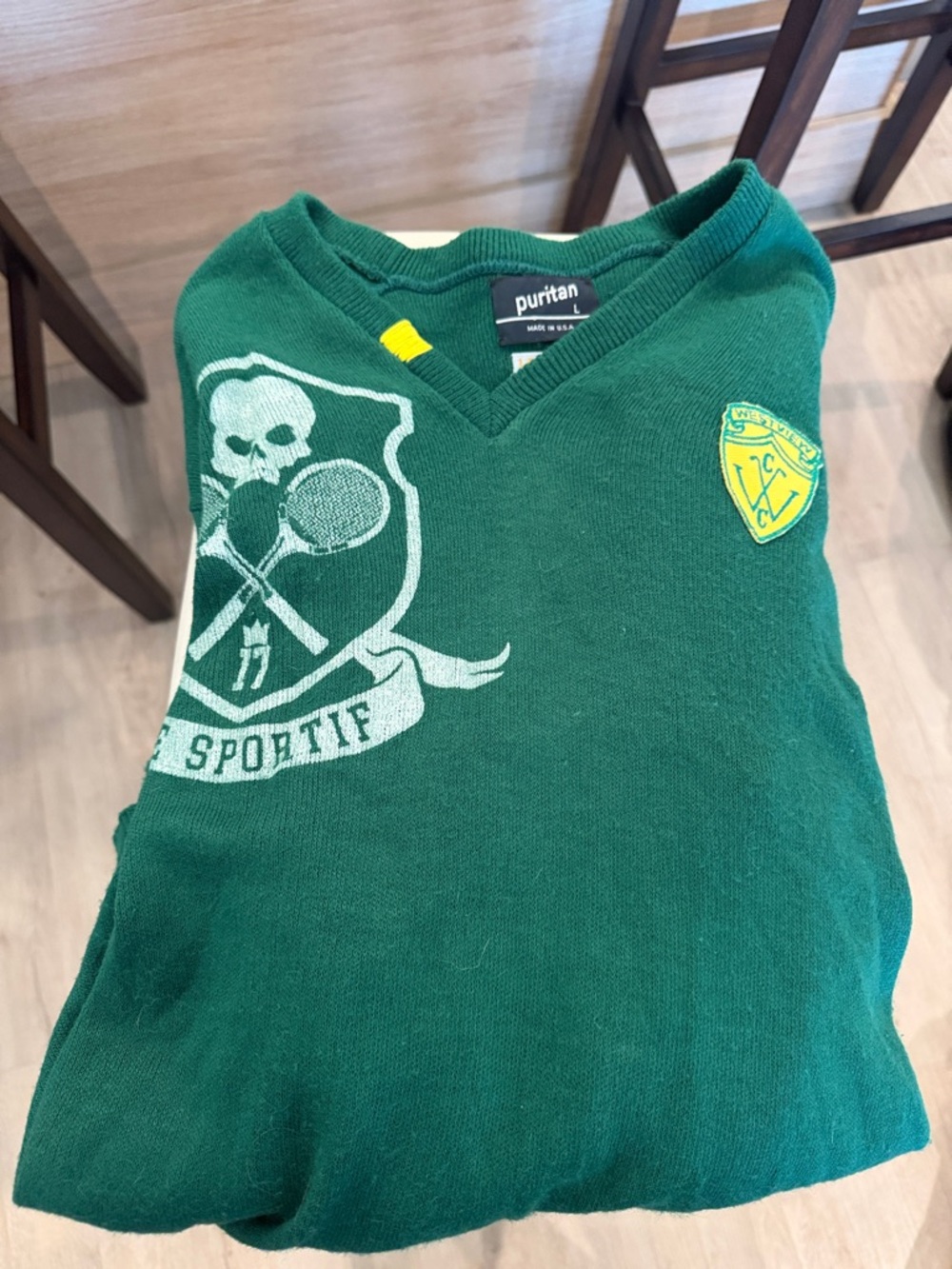 Puritan Green V-Neck Crest Sweater with Yellow Shield Patch